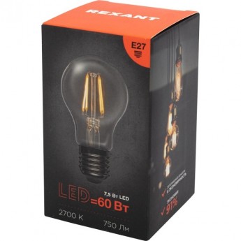 Лампа филаментная REXANT ГРУША A60 7,5Вт 750Лм 2700K E27 прозрачная колба Лампа филаментная REXANT ГРУША A60 7,5Вт 750Лм 2700K E27 прозрачная колба