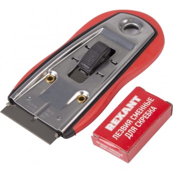 Скребок REXANT с выдвижным лезвием, обрезиненный корпус, 5 запасных лезвий в комплекте Скребок REXANT с выдвижным лезвием, обрезиненный корпус, 5 запасных лезвий в комплекте