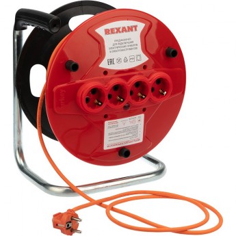 Удлинитель-шнур REXANT ПВС 3х1.0 2200 Вт 20 м 4 гнезда с/з на катушке оранжевый